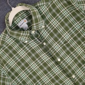 Carhartt Mens Short Sleeve Plaid Button Down Shirt Green White Size L 100 Cotton